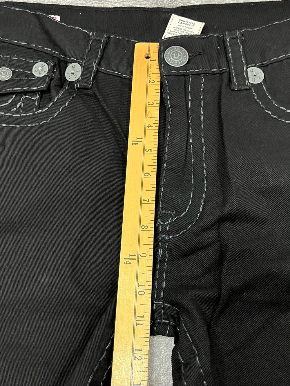 TRUE RELIGION RICKY SUPER T FLAP BLACK JEANS RELAXED STRAIGHT THICK STITCH 36x32